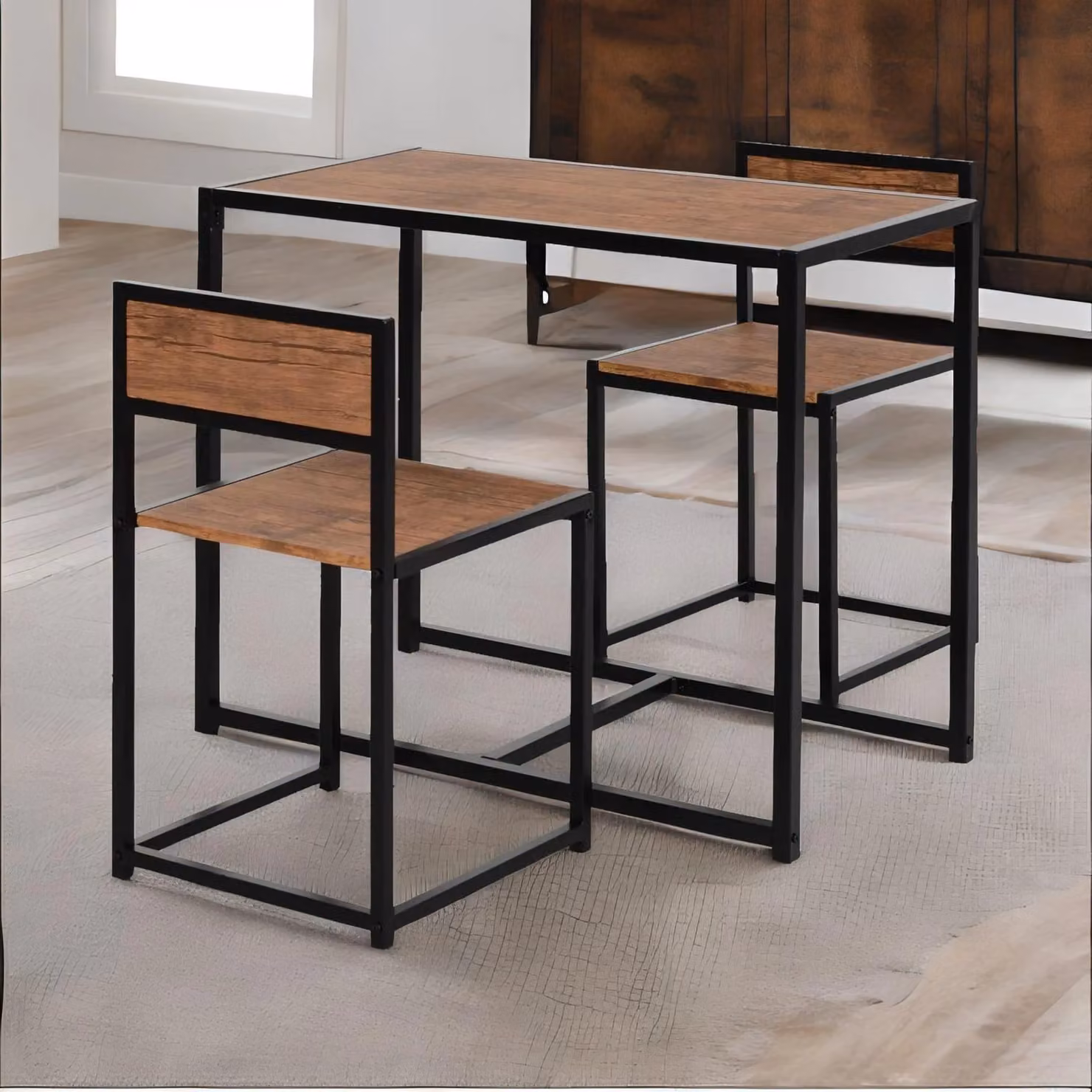 Rafaelo Mobilia Industrial 3-Piece Dining Set with Rectangular Table and Chairs in Dark Brown – 2
