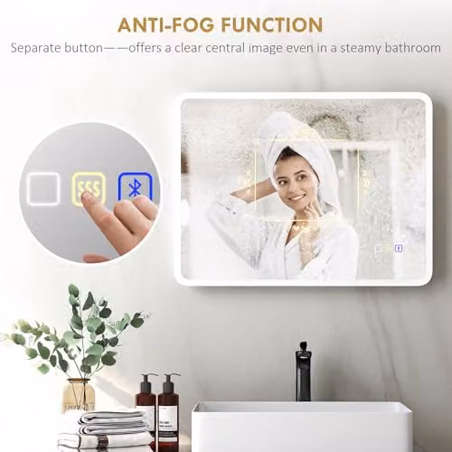 HOMCOM LED Bluetooth Bathroom Mirror, Silver and White, W: 60 cm, H: 80 cm, Dimmable and Shatterproof – 6