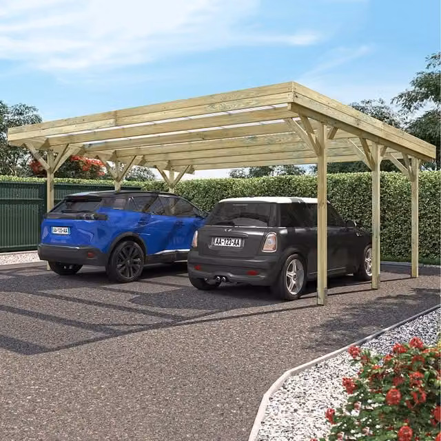 Cerland Jean Double Wooden Carport in Brown with Polycarbonate Roof and Bolt-down Adjustable Feet