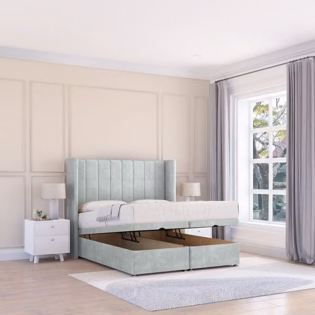 Sloomy Falcon Naples Silver Fabric Ottoman Bed with Sprung Memory Mattress and Winged Floorstanding Headboard, Single, W/D/H: 90 x 190 cm