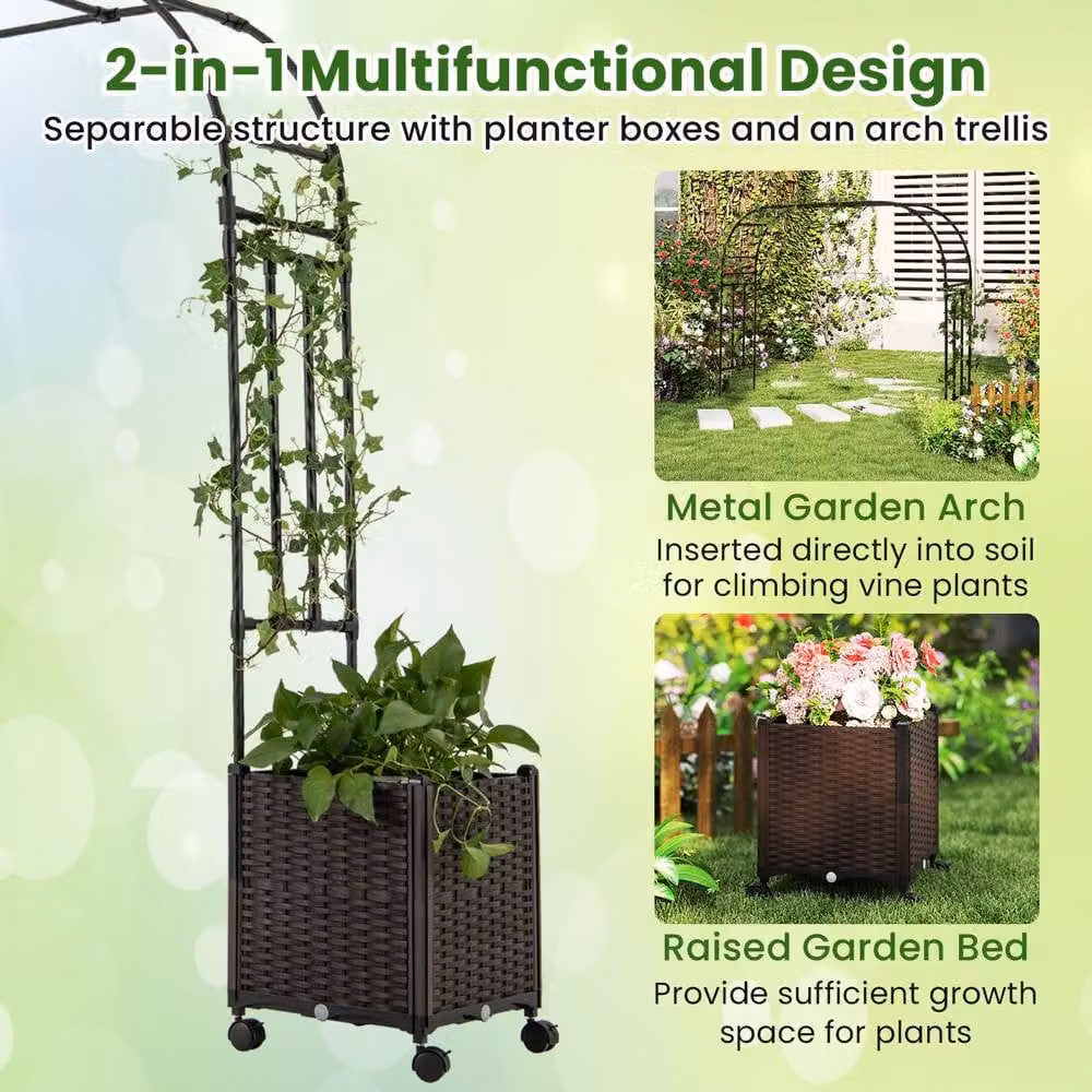 Gymax Brown Metal Garden Arch Trellis Rolling Arbor Archway with 2 Planter Boxes, Height: 288 cm – 7