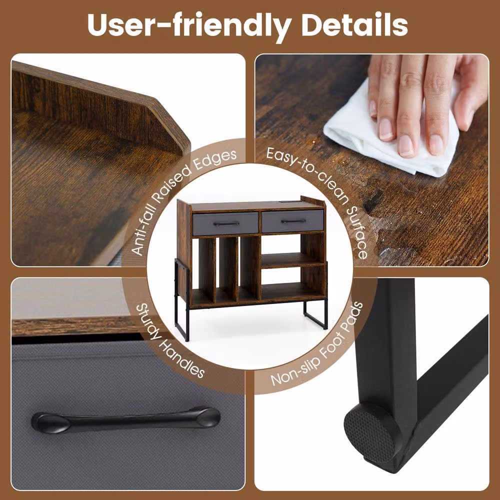 Costway Industrial Record Player Stand with Charging Station and 2 Drawers, Brown Vinyl Storage Cabinet – 4
