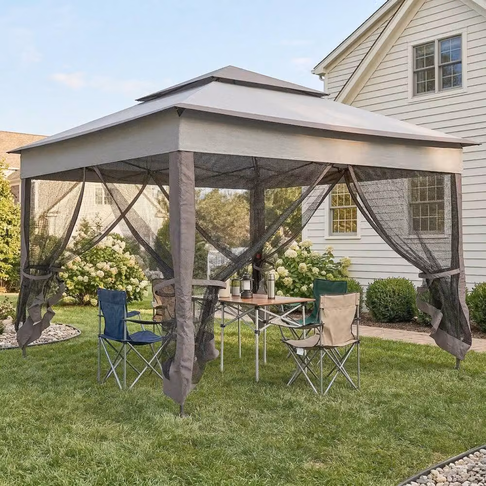 Rolipo Deluxe Metal Gazebo with Curtains, Brown and Grey, W: 325 cm, D: 325 cm, H: 270 cm – 3
