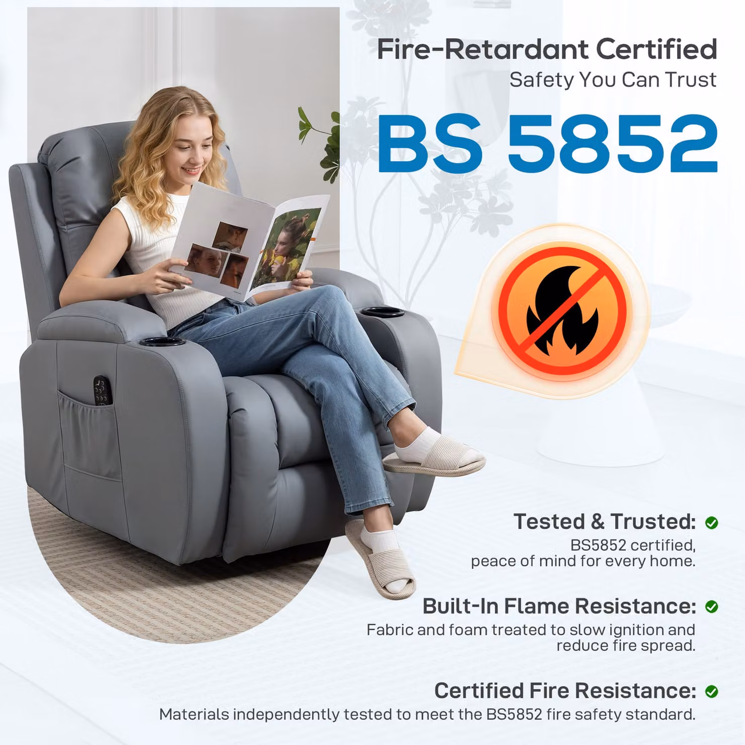 HOMCOM Grey PU Leather Massage Recliner Armchair with Swivel and Manual Lever Function – 9
