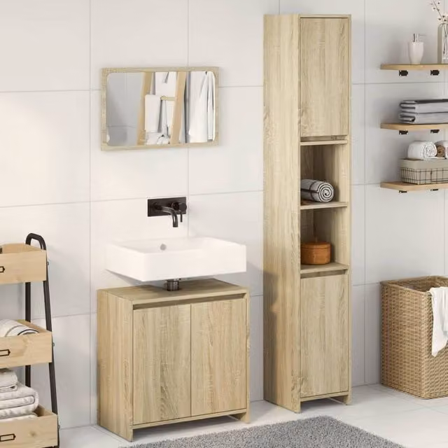 Berkfield Home Practical 3 Piece Bathroom Furniture Set in Sonoma Oak Light Brown, including Tall Cabinet, Mirror Cabinet and Vanity Unit