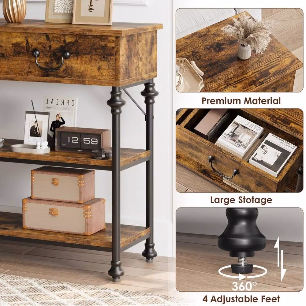 VOGREX Vintage Brown Wood Console Table with Drawers – 4