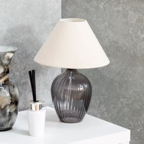 ValueLights Grey Glass Base Table Lamp with Fabric Tapered Lampshade and Warm White LED Bulb – 2