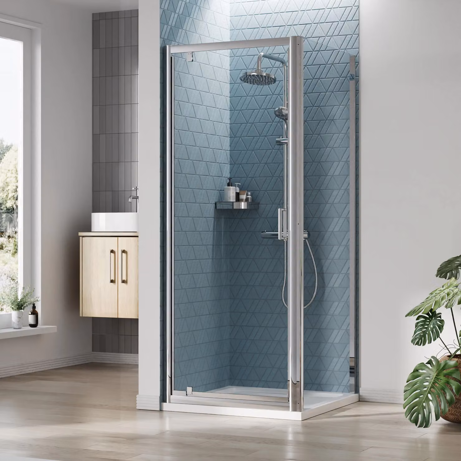Balterley Ruwa Pivot Corner Shower Suite in Silver with 6mm Glass and Tray, W/D: 800 x 800 mm – 2