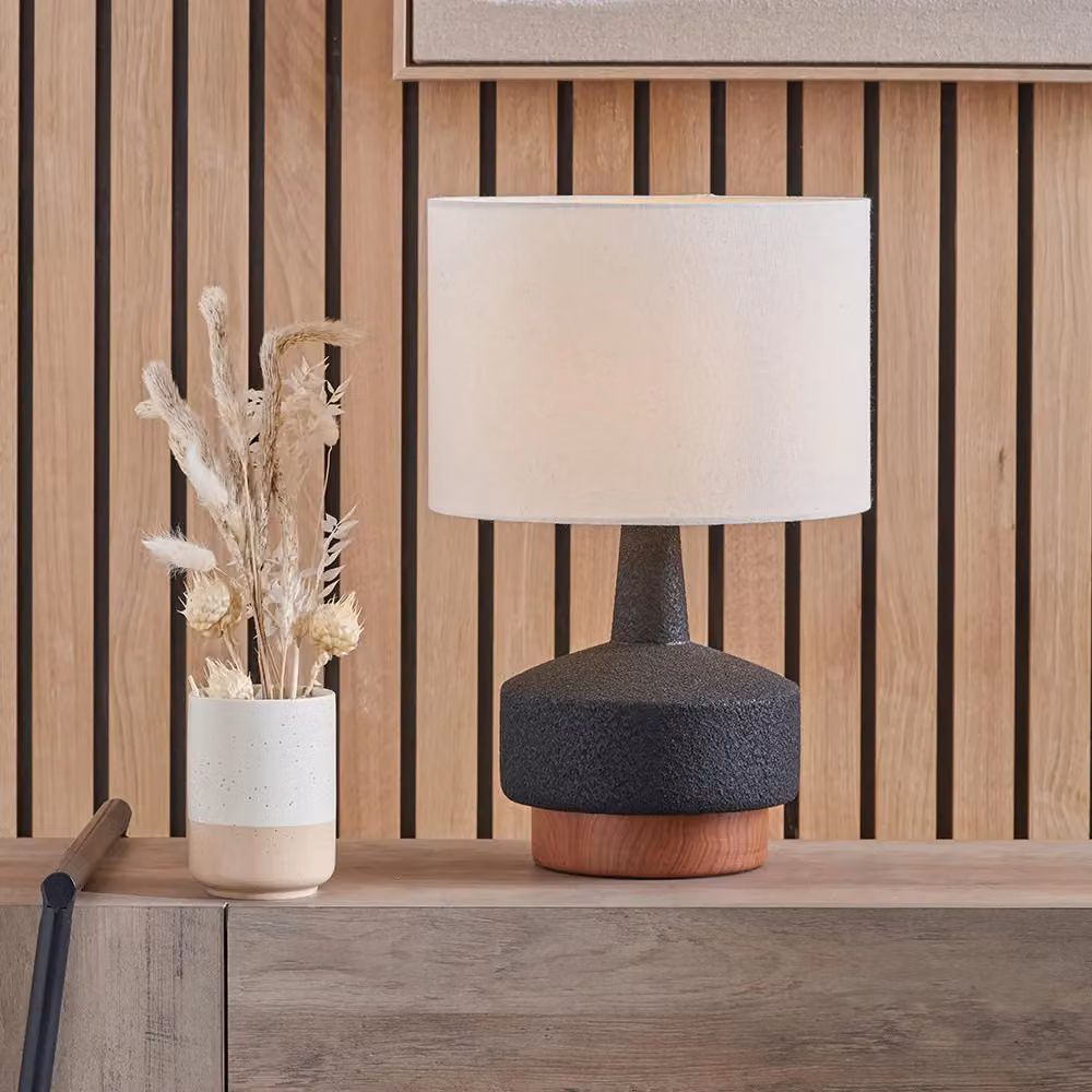 Ruma Set of 2 Elio Modern Black and Wood Effect Textured Ceramic Table Lamps – 2