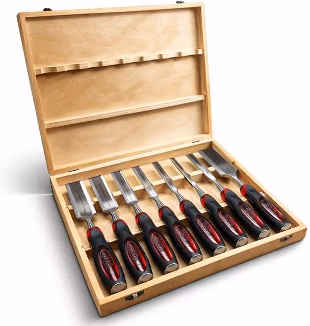 Lumberjack 8 Piece Bevel Edge Chisel Set with Strike Proof Caps in Red with Wooden Case – 1