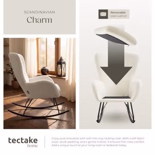 tectake Rocking Chair with Bouclé Fabric and Foam Padding, Modern Armchair with Metal Frame in Beige, Black or White – 3