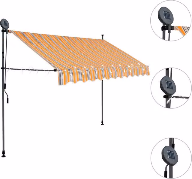 Berkfield Home Manual Retractable Awning with LED, Yellow and Blue Striped Polyester, W: 300 cm, D: 120 cm