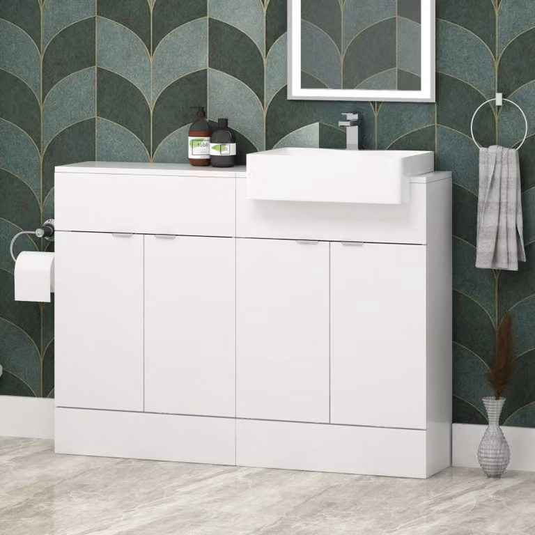 Royal Bathrooms Elena 1200mm Gloss White 4 Door Floor Standing Vanity Sink Unit with Semi Recessed Basin