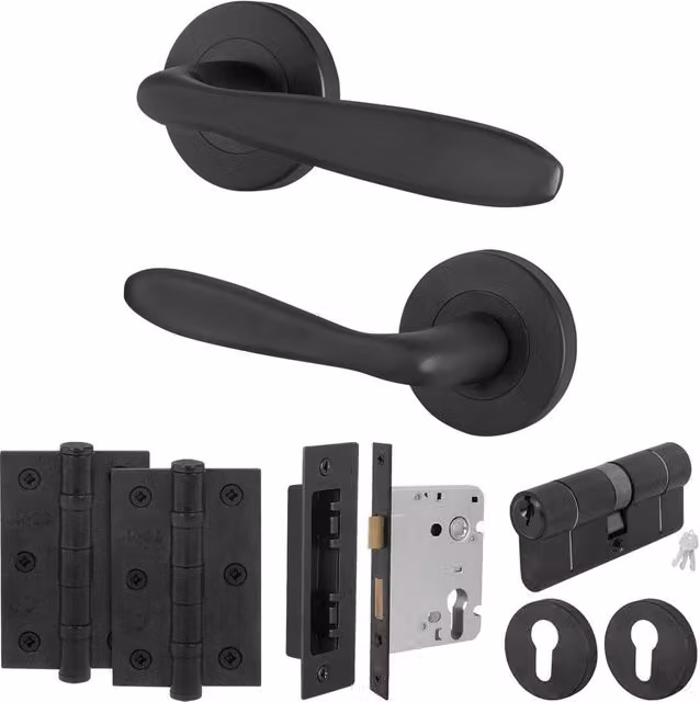 AFIT Black Euro Thumbturn Cylinder Door Handle, Lock and Hinges Set – 1