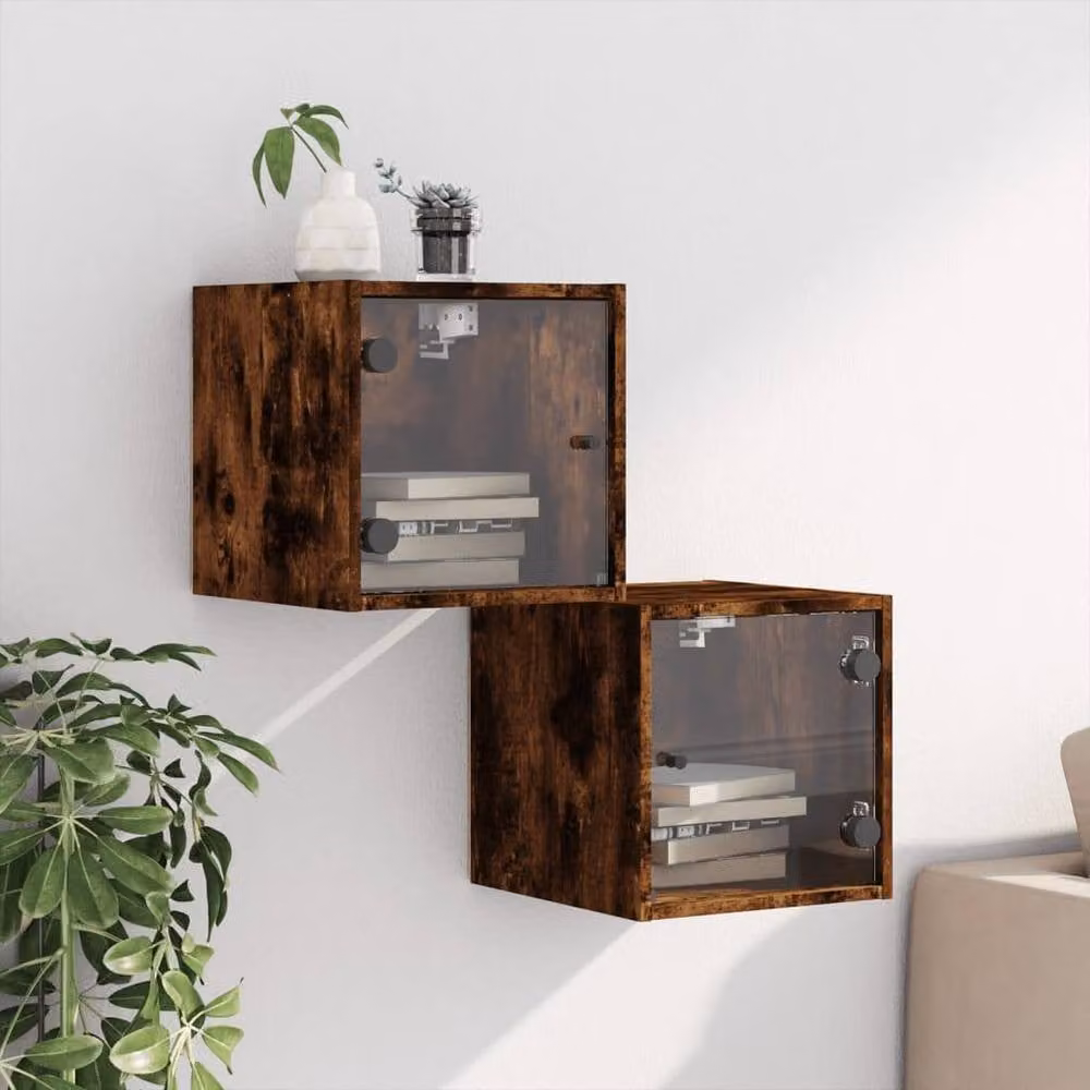 Berkfield Home Set of 2 Bedside Cabinets with Glass Doors in Smoked Oak Brown, W/D/H: 35 x 37 x 35 cm – 3