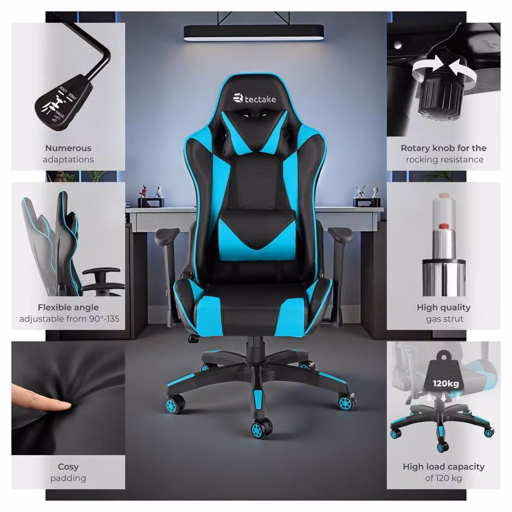 tectake Stealth Gaming Chair in Blue with Synthetic Leather and Adjustable Headrest – 6