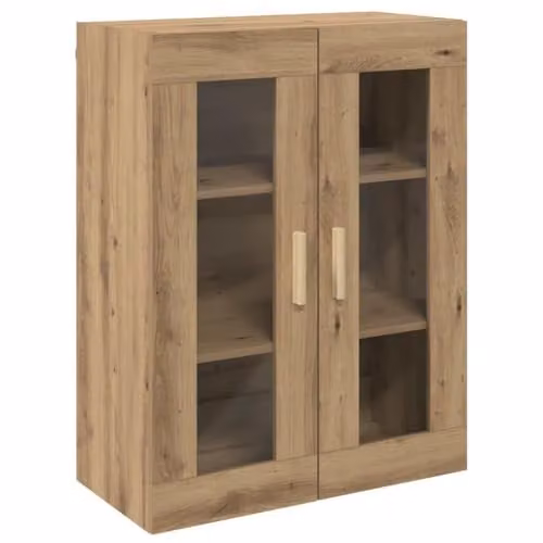vidaXL Hanging Wall Cabinet with Glass Doors, Artisan Oak Brown, W: 69.5 cm, D: 34 cm, H: 90 cm