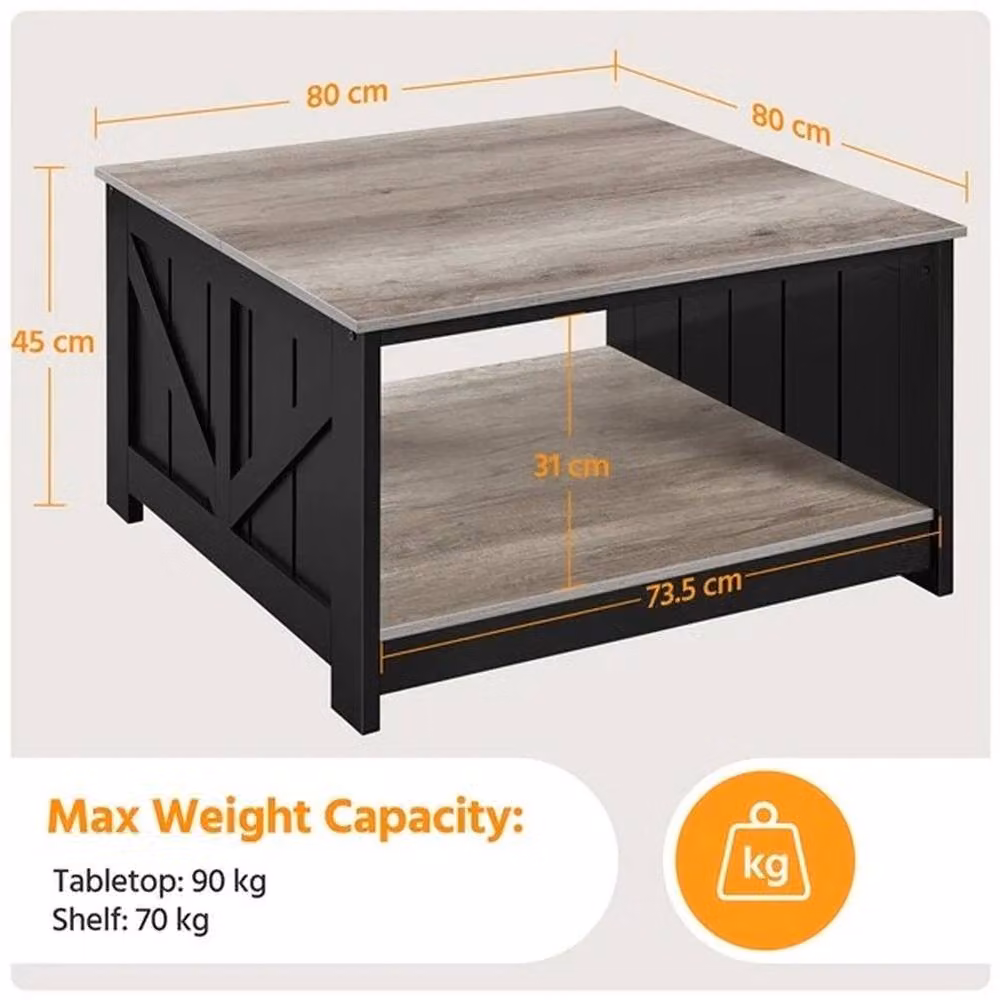 KORVIXA 2-Tier Square Wood Coffee Table in Black and Grey, W/D/H: 80 x 45 x 90 cm – 2