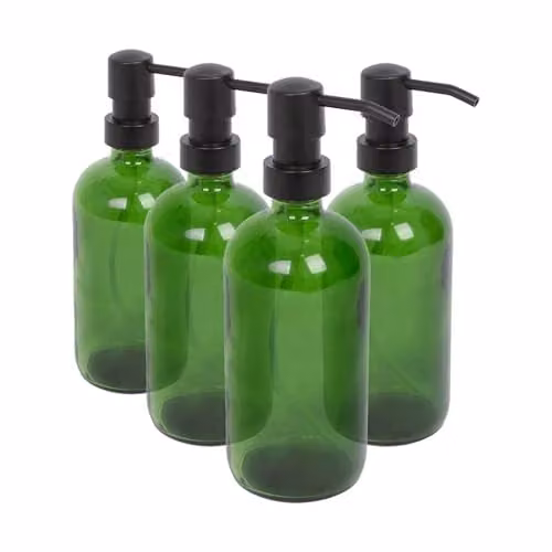 Harbour Housewares Green Glass Soap Dispensers, Pack of 4, 500ml Refillable Bottles with Black Pumps