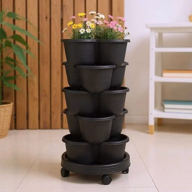 EONLION 5 Tier Vertical Planter Tower with Saucer in Black Plastic, H 64.0 cm x W 33.0 cm