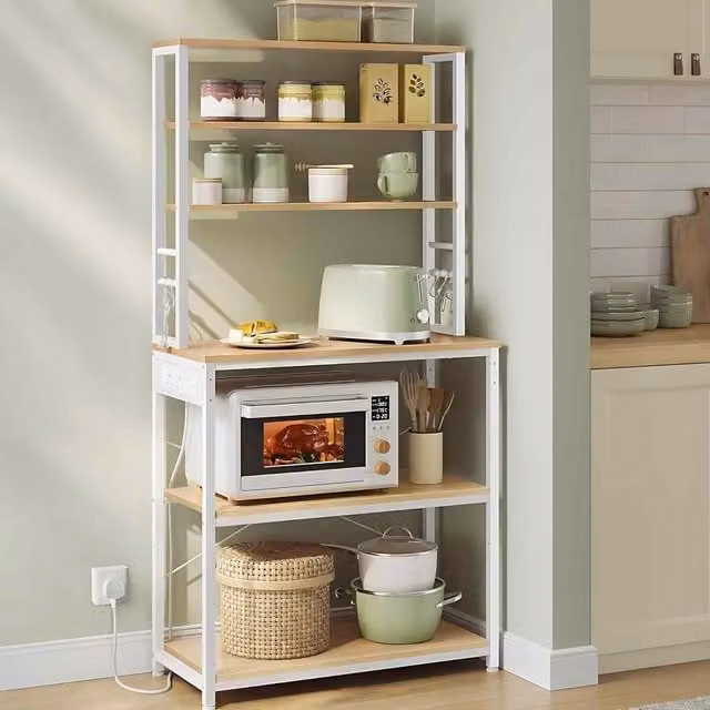 The Bazaarist 6-Tier Coffee Bar Bakers Rack with Power Outlet and 6 Hooks in Golden Oak and Cloud White