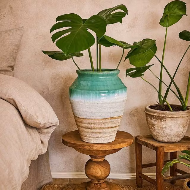Wyld Haus Rustic Round Ceramic Tabletop Vase in Turquoise, Sand and White – 1