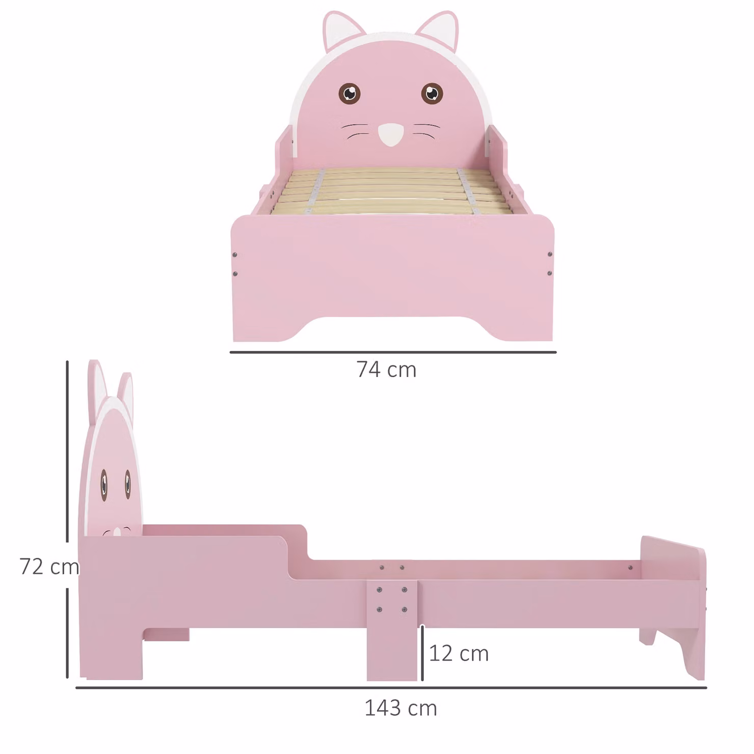 ZONEKIZ Cat Design Toddler Bed Frame with Guardrails, Pink, W: 143 cm, D: 74 cm, H: 72 cm – 2
