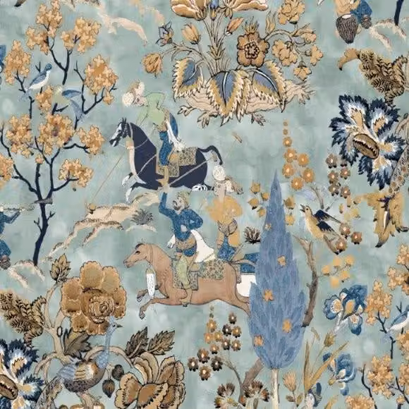 Edinburgh Weavers Perdita Fabric in Duck Egg Blue and Brown