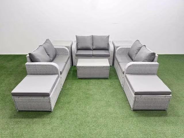 Fimous 8 Seater PE Wicker Rattan Garden Furniture Set in Light Grey with Rectangular Coffee Table, 2 Seater Love Sofa, 2 Ottomans and 2 Side Tables