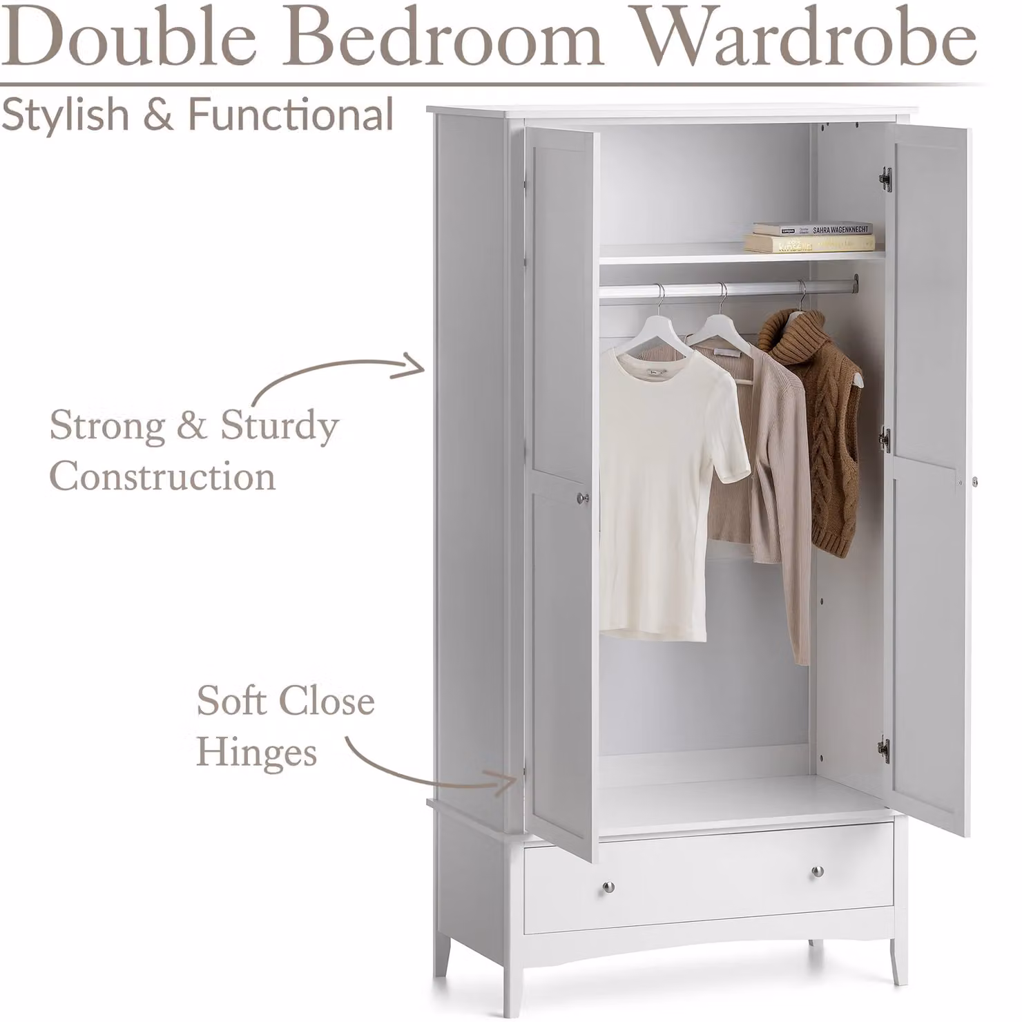 Christow Double Wardrobe with Drawer and Soft-Close Doors in White, H 185 x W 94.5 x D 50 cm – 2