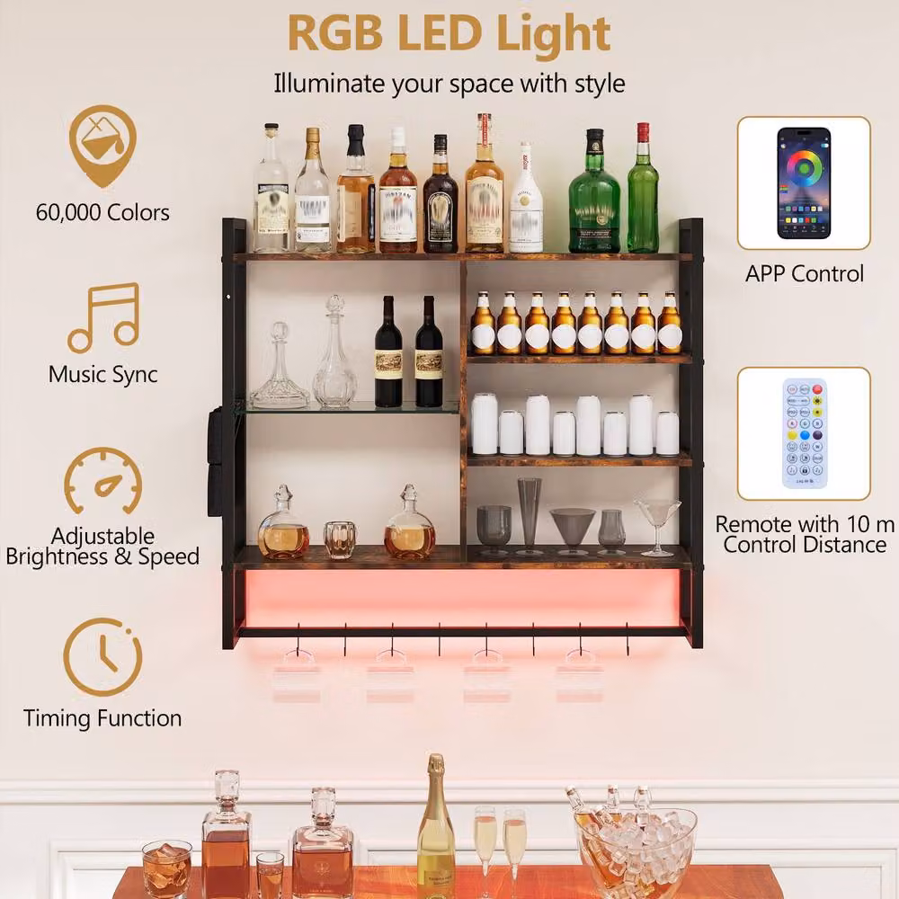 Costway 6-Tier Brown Wall Mounted Floating Shelves with Integrated Lighting and Remote and App Control – 4