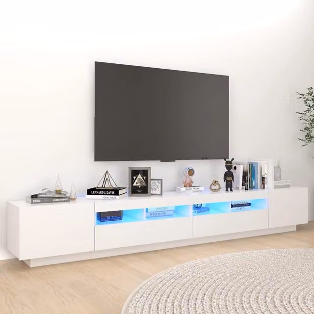 Berkfield Home Modern White Glossy TV Cabinet with LED Lights W: 260 cm, D: 35 cm, H: 40 cm