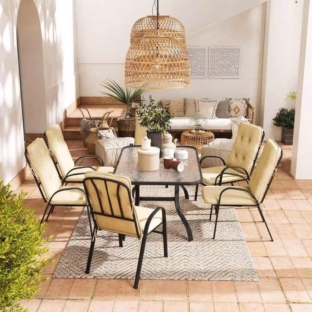 Wyld Haus Seriva 7 Piece 6 Seater Beige Garden Dining Set with Glass Top Table and Cushioned Chairs – 7