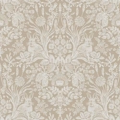 Holden Decor Harlen Botanical Wallpaper in Grey and Beige with Trees, Flowers, Hedgehogs, Leaves and Rabbits