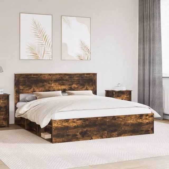 Berkfield Home Modern Bed Frame in Smoked Oak and Brown Solid Pine Wood, W/D/H: 180 x 200 cm