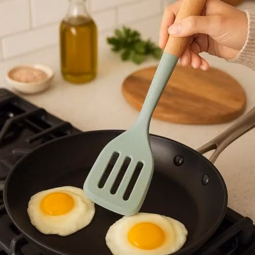 Premier Housewares Sage Green Silicone Slotted Turner with Round Wood Handle – 3