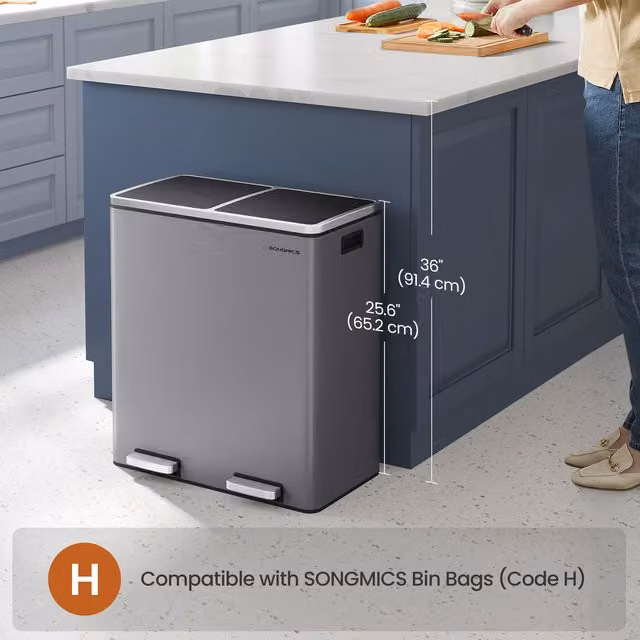 SONGMICS Dual Recycling Bin with Soft Closure and Removable Inner Buckets, Grey, Width: 27 cm