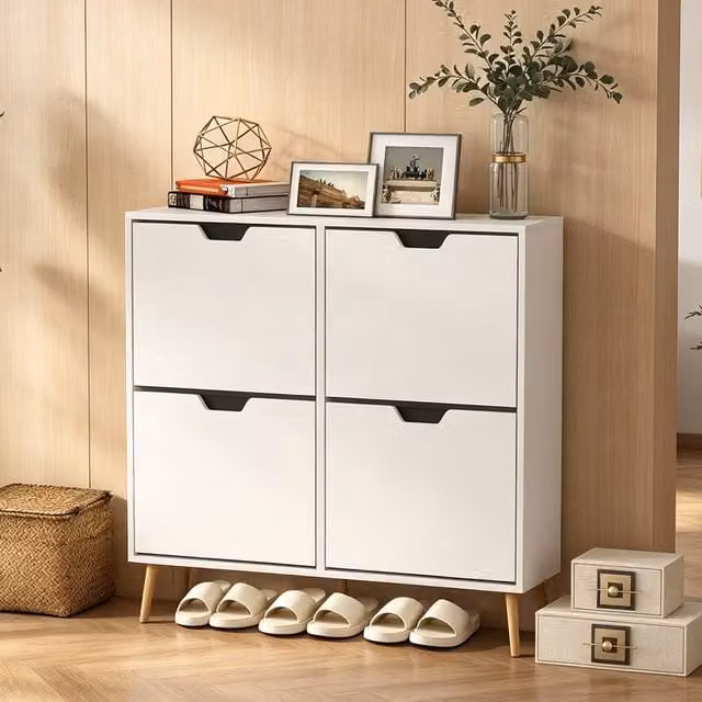 ERGOVEXA White Scandinavian Style Shoe Storage Cabinet with 4 Tilting Compartments and Internal Shelves
