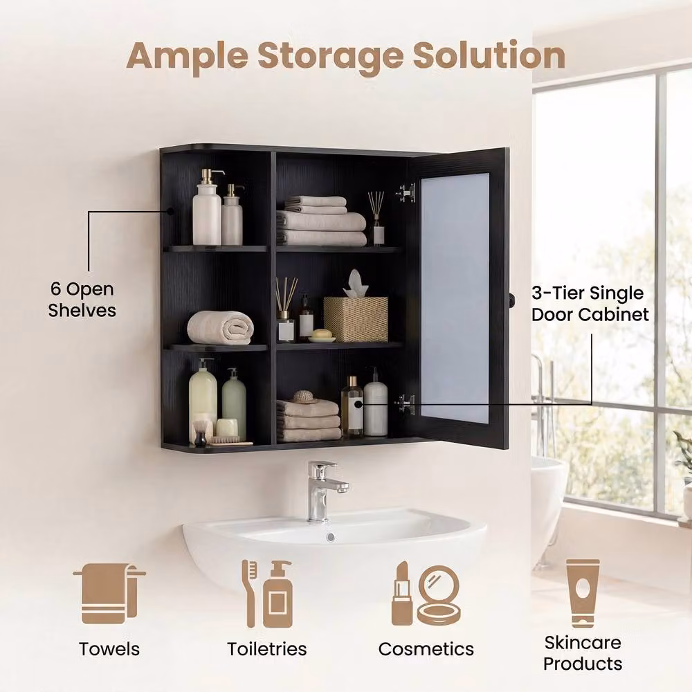 Gymax Wall Mounted Black Matt Bathroom Medicine Cabinet with Mirror and Internal Shelves – 4