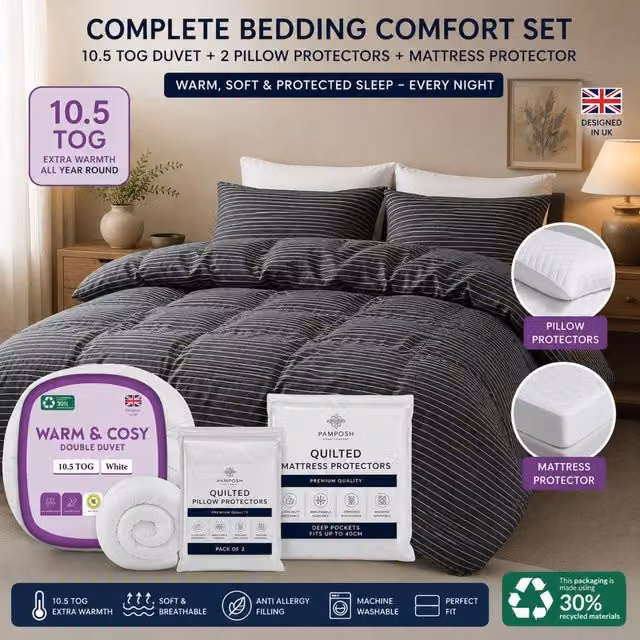 Grace Pinstripe Brushed Microfibre Bedding Bundle Set in Grey, including Duvet Cover and Pillowcases, Hypoallergenic and Breathable, W/D/H: 200 x 220 cm and 140 x 200 cm