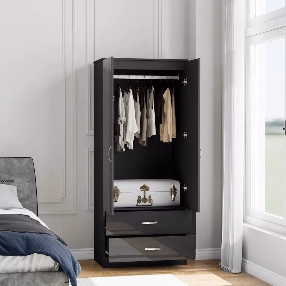 FORGEVIO Modern Black Glossy Wardrobe with Integrated Drawers and Mirror on Door – 2