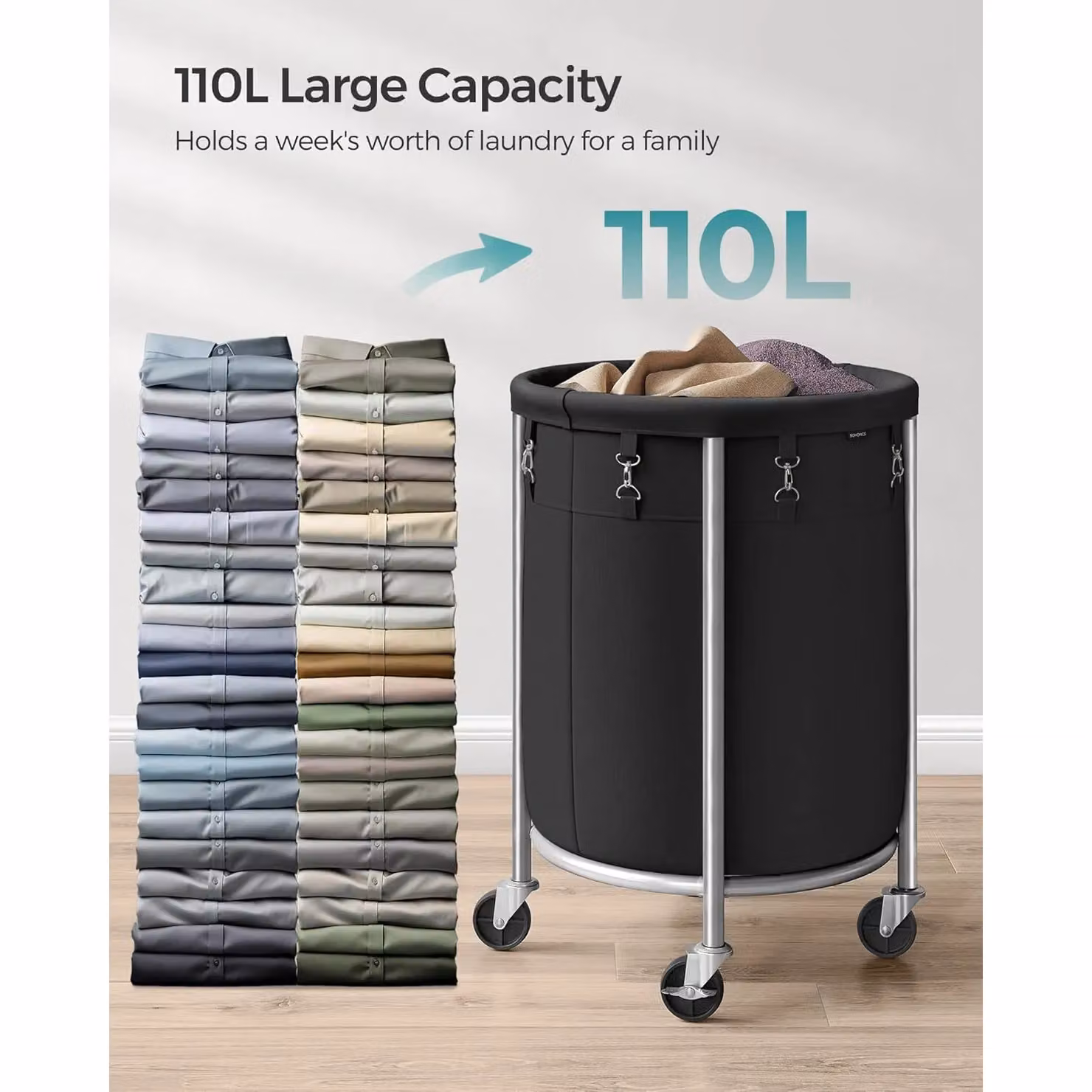 SONGMICS Mobile Washing Cart Laundry Hamper with Wheels and Removable Bag, Black – 3