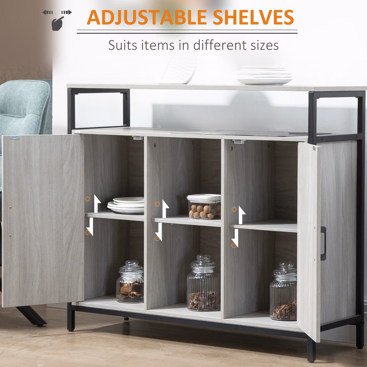 HOMCOM Contemporary Steel-Framed Kitchen Storage Cabinet and Living Room Sideboard with Adjustable Shelves and 2 Doors, Light Grey – 4