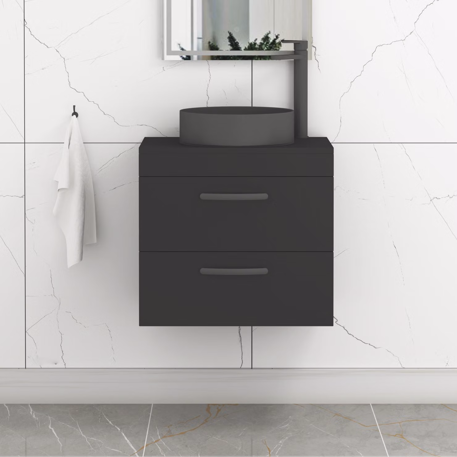 Royal Bathrooms Turin 800mm Wall Hung Vanity Unit with 2 Drawers and Art Round Countertop Basin in Matt Black with Brushed Brass Handle