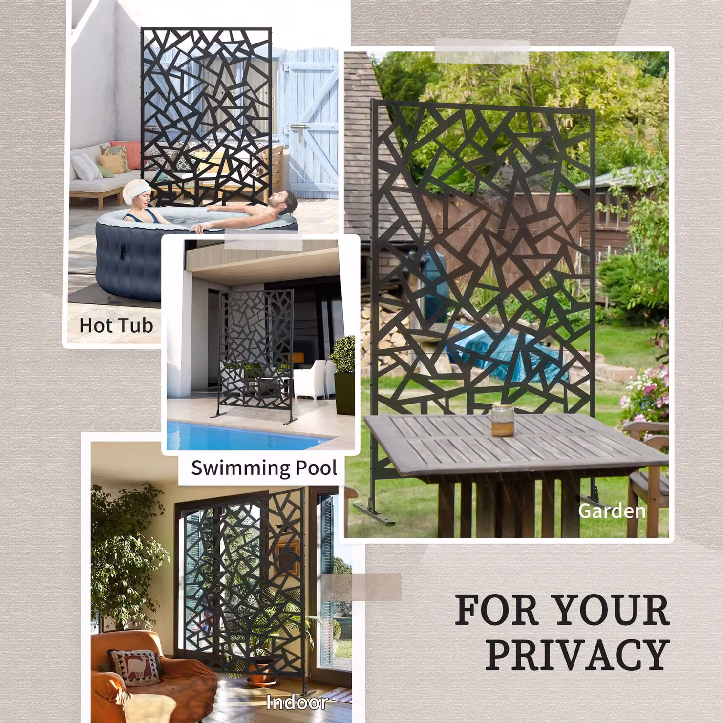 Outsunny Modern Geometric Metal Outdoor Privacy Screen in Matt Black, W/H: 198 x 122 cm – 6
