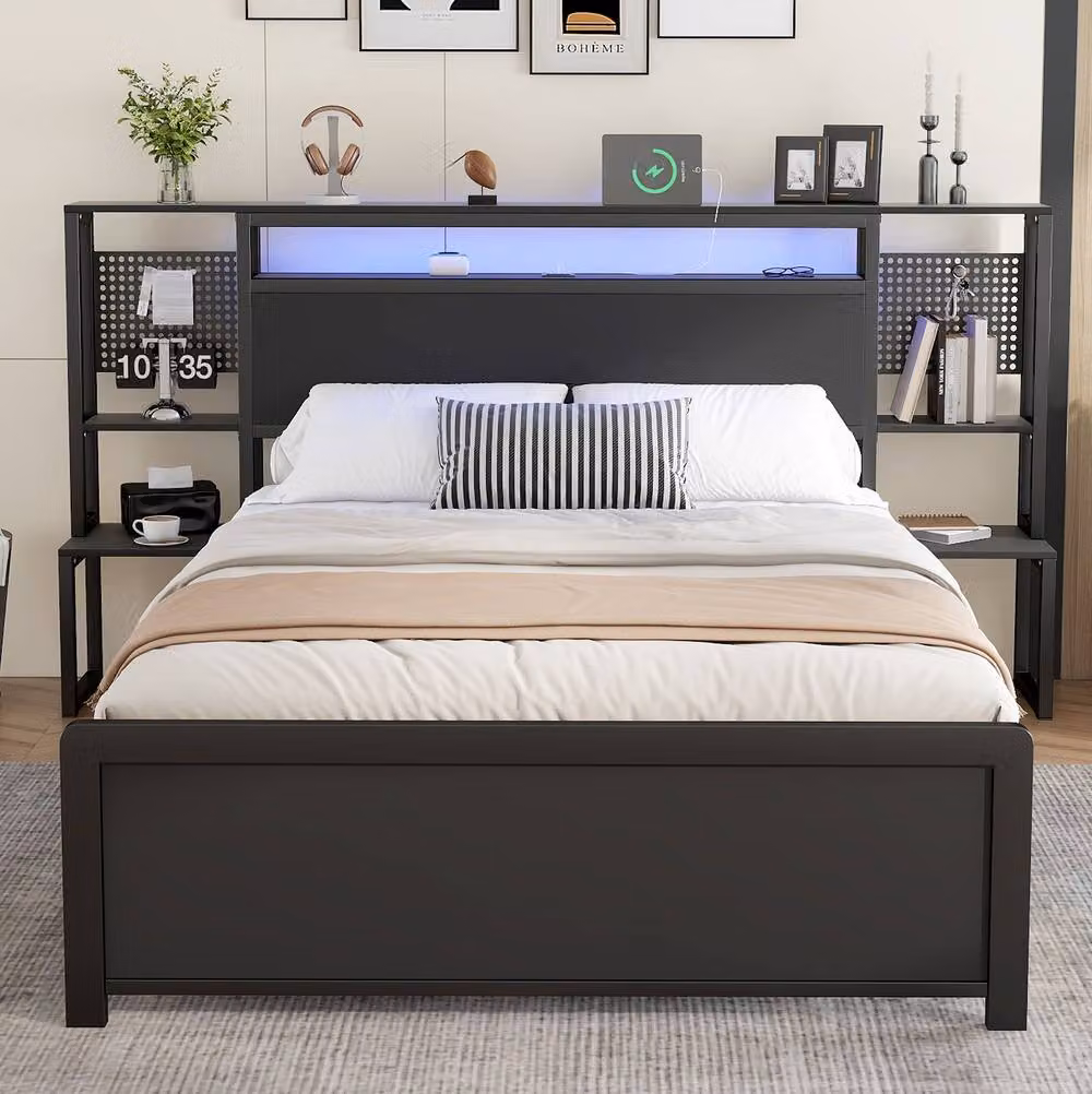 STILVORA Modern Double Bed Frame in Black with LED Under-Bed Lighting, USB Charging Port and Side Compartments, W/D/H: 140 x 200 x 111.5 cm – 2