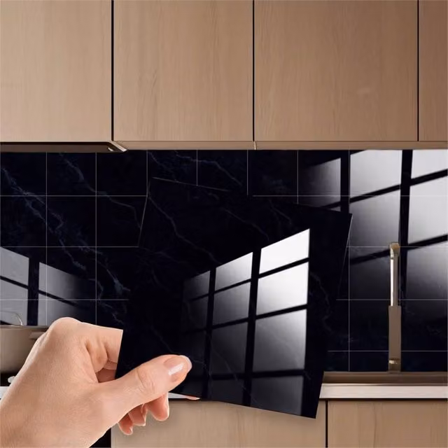 PAWNORA Black Marble Tile Stickers, 24 Square Adhesive Stone Pattern Decals