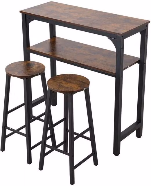KORVIXA Industrial Kitchen Dining Breakfast Bar Table Set with 2 Stools, Brown Wood Top and Metal Frame, W/D/H: 100 x 100 x 100 cm
