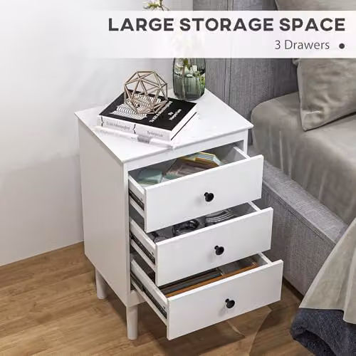 HOMCOM Set of 2 White Bedside Tables with 3 Drawers W/D/H: 40 x 30 x 64 cm – 3