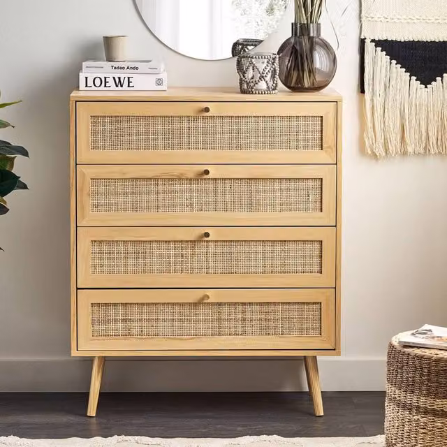 Wyld and Coco Light Brown 4-Drawer Chest with Rattan Fronts